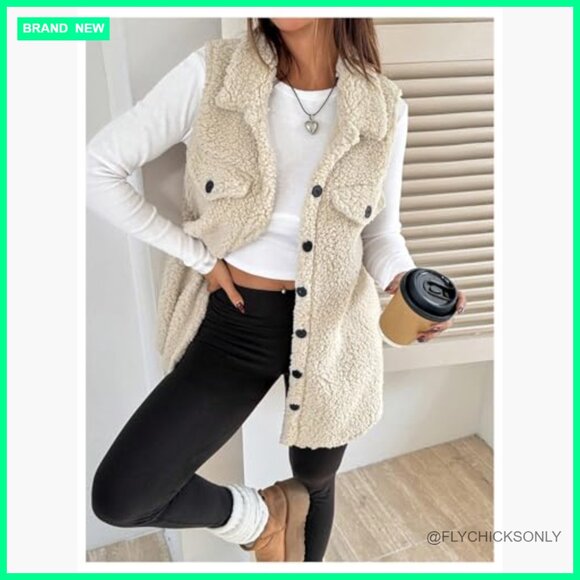 Fuzzy Fleece Vest Sleeveless Button Down Thigh Length Teddy Coat - Picture 3 of 5